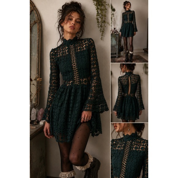 Dresses & Skirts - EllyBazar Emerald Green Lace Cocktail Dress XS Sheer Long Sleeve Gothic Romantic